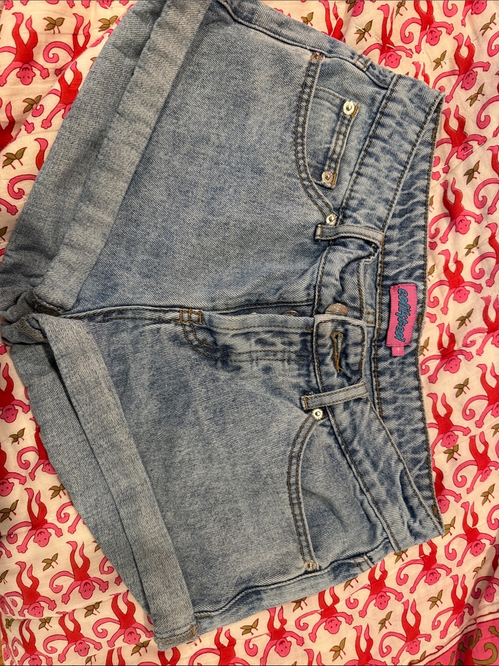 Edikted Light Blue Denim Shorts with Pink Label